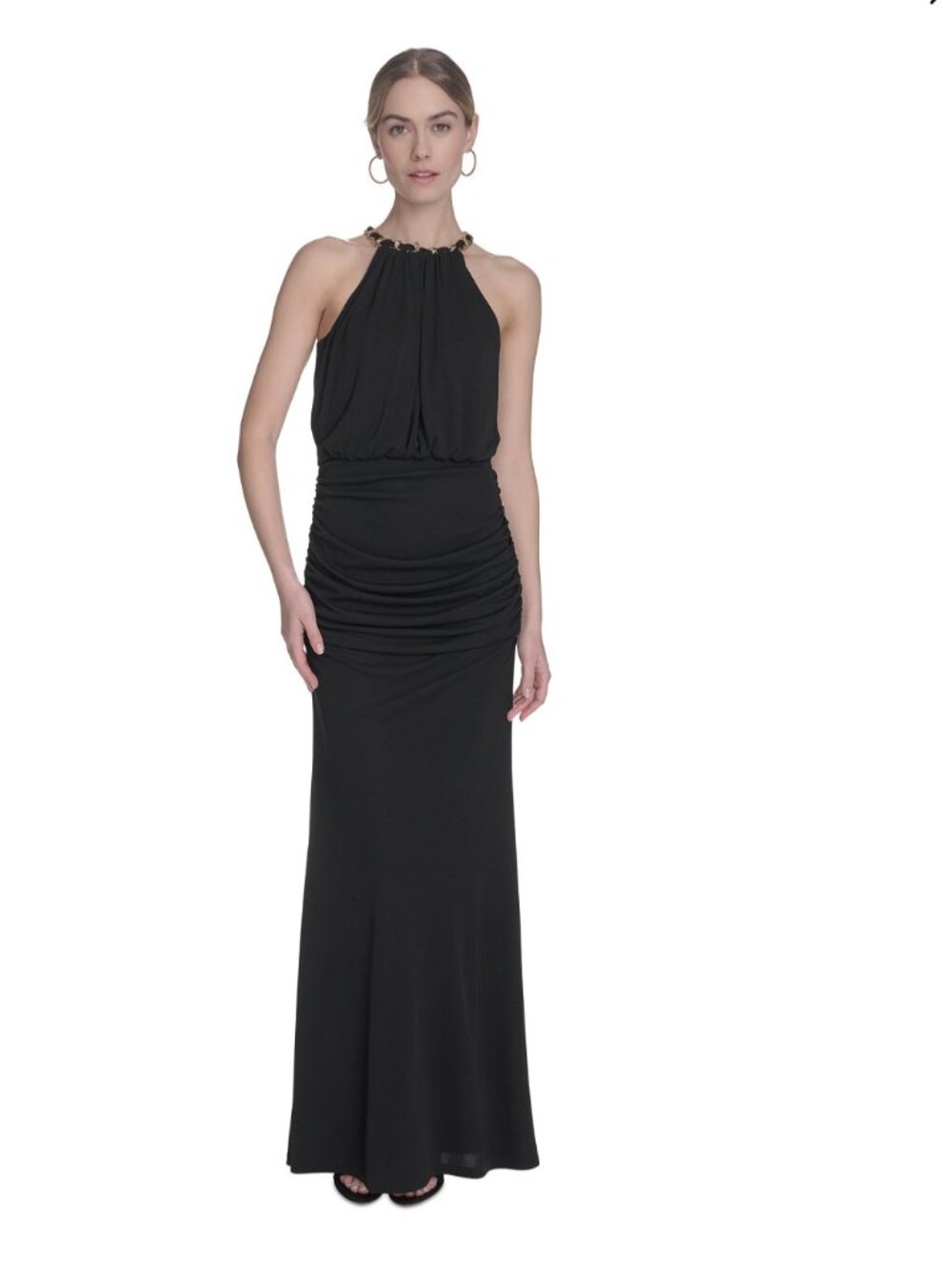 Eliza J Black Sleeveless Halter Maxi Dress With Gold Chain Detail Sz 4